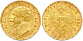 ALLEMAGNE - ANHALT - FRÉDÉRIC II Duc 
24 janvier 1904 - 21 avril 1918
20 Mark or 1904 A = Berlin. 
(7,97 g) 
Fr 3751
Rare. Très beau.