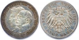 ALLEMAGNE - ANHALT 
FRÉDÉRIC II ET MARIE 1904-1948
5 Mark argent 1914 Berlin. Noces d’argent. 
(27,85 g) 
Dav 512 
Astiqué. Très beau.