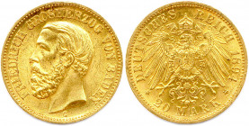 ALLEMAGNE - BADE - FRÉDÉRIC Ier Grand duc 
22 janvier 1858 - 28 septembre 1907
20 Mark or 1894 G = Karlsruhe. (7,99 g) 
Fr 3754
Superbe.