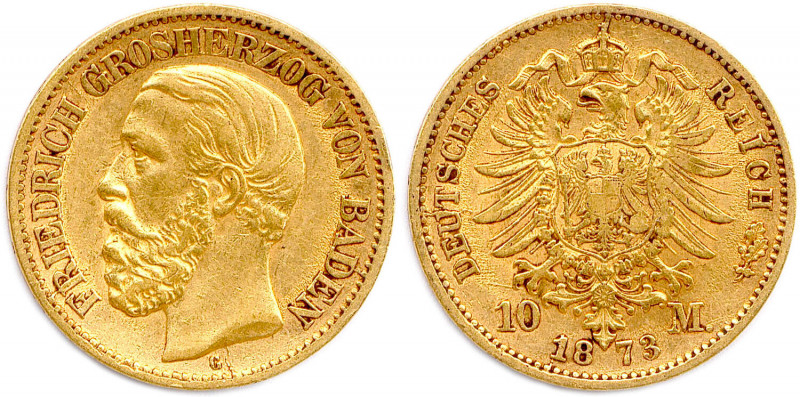 ALLEMAGNE - BADE - FRÉDÉRIC Ier 1858-1907
10 Mark or 1873 G = Karlsruhe. (3,93 g...