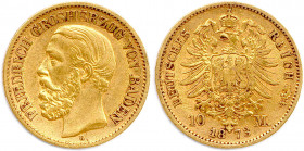 ALLEMAGNE - BADE - FRÉDÉRIC Ier 1858-1907
10 Mark or 1873 G = Karlsruhe. (3,93 g) 
Fr 3755
Rare. T.B.