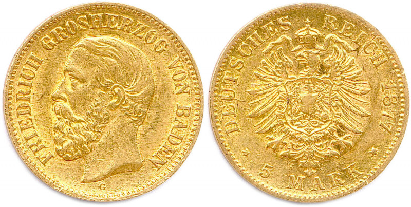 ALLEMAGNE - BADE - FRÉDÉRIC Ier 1858-1907
5 Mark or 1877 G = Karlsruhe. (1,99 g)...
