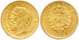 ALLEMAGNE - BADE - FRÉDÉRIC Ier 1858-1907
5 Mark or 1877 G = Karlsruhe. (1,99 g) 
Fr 3759
Rare. T.B.