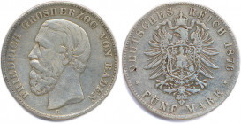ALLEMAGNE - BADE - FRÉDÉRIC Ier 
1858-1907
5 Mark argent (tête à gauche) 1876 Hanovre. 
(27,34 g) 
Dav 532
Beau.