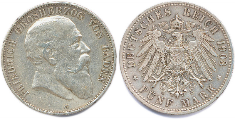 ALLEMAGNE - BADE - FRÉDÉRIC Ier 1858-1907
5 Mark argent (tête à droite) 1903 Han...