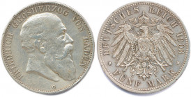 ALLEMAGNE - BADE - FRÉDÉRIC Ier 1858-1907
5 Mark argent (tête à droite) 1903 Hanovre. 
(27,78 g)
Dav 535
T.B.