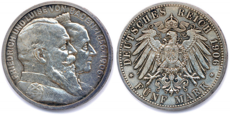 ALLEMAGNE - BADE - FRÉDÉRIC 
ET LOUISE 1858-1907
5 Mark argent 1906 Karlsruhe. N...