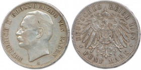 ALLEMAGNE - BADE - FRÉDÉRIC II Grand duc 
28 septembre 1907 - 22 novembre 1918
5 Mark argent 1908 Karlsruhe. 
(27,69 g)
Dav 538
T.B.