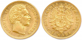 ALLEMAGNE - BAVIÈRE 
LOUIS II Roi 10 mars 1864 - 13 juin 1886
5 Mark or 1877 D = Dresde. (1,99 g) 
 Fr 3767
Rare. Superbe.