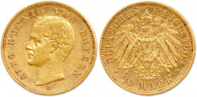 ALLEMAGNE - BAVIÈRE - OTHON Roi 
13 juin 1886 - 5 novembre 1913
 Fr 3768
20 Mark or 1905 D = Dresde. (7,95 g) 
T.B./Très beau.