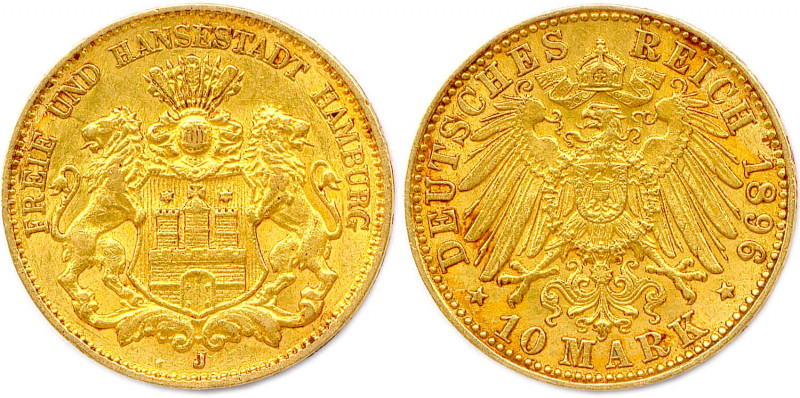 ALLEMAGNE - HAMBOURG Ville libre 1875-1913
10 Mark or 1896 J = Hambourg. (3,97 g...