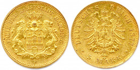 ALLEMAGNE - HAMBOURG Ville libre 1875-1913
5 Mark or 1877 J = Hambourg. (1,99 g) 
 Fr 3782
Seul millésime pour cette monnaie. Très beau.