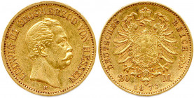 ALLEMAGNE - HESSE - LOUIS III Grand duc 
16 juin 1848 - 12 juin 1877
20 Mark or 1873 H = Darmstadt. (7,95 g) 
 Fr 3783
Très beau.