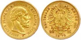 ALLEMAGNE - MECKLEMBOURG SCHWERIN 
FRÉDÉRIC FRANÇOIS II Grand duc 
7 mars 1842 - 15 avril 1883
20 Mark or 1872 A = Berlin. (7,94 g) 
 Fr 3800
Rare. Tr...