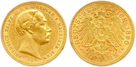 ALLEMAGNE - MECKLEMBOURG SCHWERIN 
FRÉDÉRIC FRANÇOIS III Grand duc 
15 avril 1883 - 10 avril 1897
10 Mark or 1890 A = Berlin. (3,96 g) 
 Fr 3803
Rare....