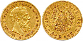 ALLEMAGNE - PRUSSE 
FRÉDÉRIC III Empereur et roi 
9 mars 1888 - 15 juin 1888
20 Mark or 1888 A = Berlin. (7,95 g) 
 Fr 3828
Très beau.