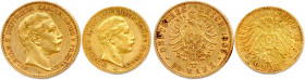 ALLEMAGNE - PRUSSE 
GUILLAUME II Empereur et roi 
15 juin 1888 - 9 novembre 1918
DEUX monnaies en or (11,90 g) : 
20 Mark 1889 et 10 Mark 1899 A = Ber...