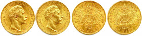 ALLEMAGNE - PRUSSE 
GUILLAUME II 1888-1918
DEUX monnaies en or (15,96 g) : 
20 Mark 1897 et 1901 A = Berlin. 
 Fr 3831
Très beaux.