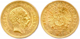 ALLEMAGNE - SAXE - ALBERT Roi 
29 octobre 1873 - 19 juin 1902
5 Mark or 1877 E = Dresde. (1,98 g) 
 Fr 3845
Rare. Très beau.