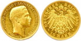 ALLEMAGNE - SAXE-COBOURG-GOTHA 
CHARLES ÉDOUARD Duc 
30 juillet 1900 - 23 novembre 1918
10 Mark or 1905 A = Berlin. (3,99 g) 
 Fr 3855
Rare. Superbe.