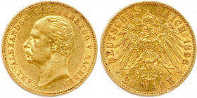 ALLEMAGNE - SAXE WEIMAR EISENACH 
CHARLES ALEXANDRE Grand duc 
8 juillet 1853 - 5 janvier 1901
20 Mark or 1896 A = Berlin. (7,95 g) 
 Fr 3863
Rare. Tr...