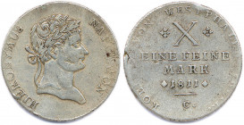 ALLEMAGNE - WESTPHALIE 
JÉRÔME NAPOLÉON 1807-1813
Thaler de Convention argent 1811 Cassel (C). 
(27,88 g)
 Dav 933
T.B.