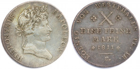 ALLEMAGNE - WESTPHALIE 
JÉRÔME NAPOLÉON 1807-1813
Thaler de Convention argent 1811 Cassel (C). 
(27,91 g)
 Dav 933
T.B.