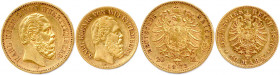 ALLEMAGNE - WURTTEMBERG 
CHARLES Ier Roi 25 juin 1864 - 6 octobre 1891
DEUX monnaies en or (11,87 g) : 
20 Mark 1873 et 10 Mark 1876 F = Stuttgart. 
 ...