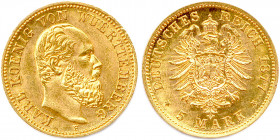 ALLEMAGNE - WURTTEMBERG 
CHARLES Ier Roi 1864-1891
5 Mark or 1877 F = Stuttgart. (1,99 g) 
 Fr 3875
Rare. Superbe.