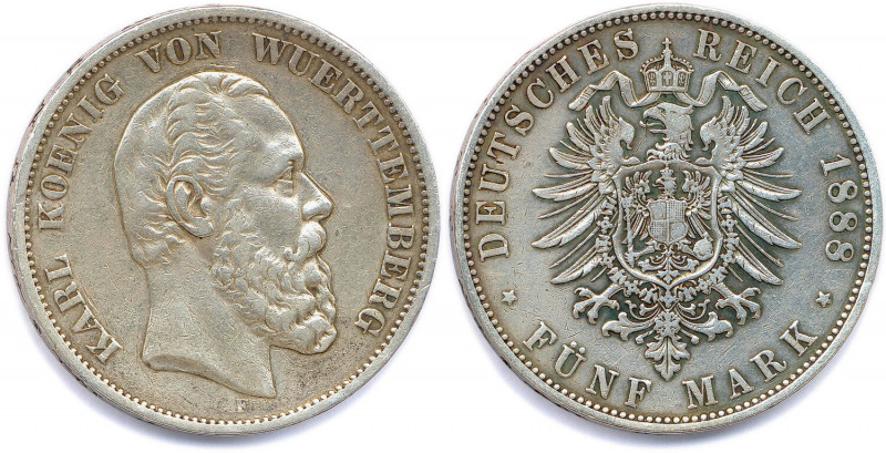 ALLEMAGNE - WURTTEMBERG 
CHARLES Ier Roi 1864-1891
5 Mark argent 1888 F = Stuttg...