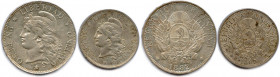 ARGENTINE République 
DEUX monnaies en argent (37,55 g les 2) : 
Peso 1882 (Tranche inscrite en relief) et 50 centavos 1883 (tranche cannelée). Oudiné...