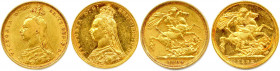 AUSTRALIE - VICTORIA 1837-1901
DEUX monnaies en or (15,98 g les 2) : 
Souverain 1889 Sydney 
Souverain 1892 Melbourne. 
 Fr 19 et 20
T.B. et Superbe.