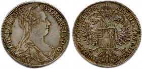 AUTRICHE - MARIE-THÉRÈSE 
20 octobre 1740 - 29 novembre 1780
Thaler en argent 1780. Gunsbourg. 
Tranche inscrite en relief. 
(28,01 g) 
 Dav 1151
T.B....