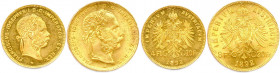 AUTRICHE - FRANÇOIS-JOSEPH 1848-1916
DEUX monnaies en or (9,69 g les2) : 
8 Fl(orins)-20 Fr(ancs) et 4 Fl(orins)-10 Fr(ancs) 1892 
REFRAPPES. 
 Fr 502...