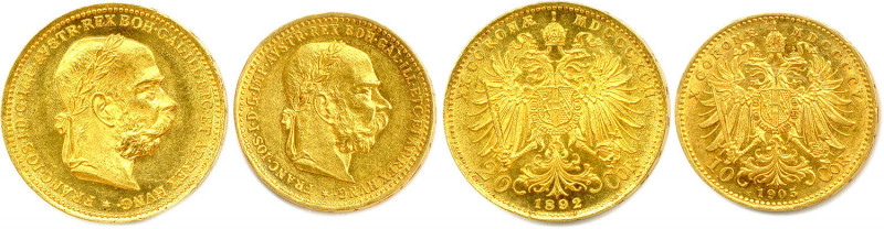 AUTRICHE - FRANÇOIS-JOSEPH 1848-1916
DEUX monnaies en or (10,19 g les 2) : 
20 C...