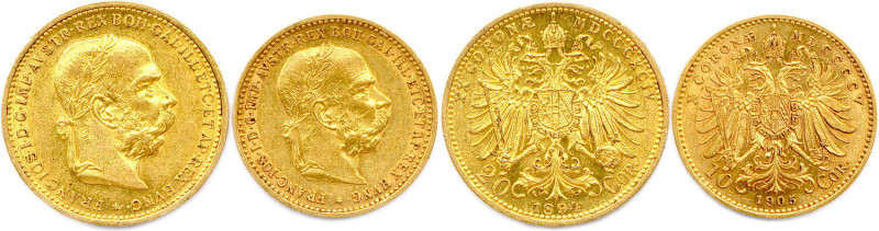 AUTRICHE - FRANÇOIS-JOSEPH 1848-1916
DEUX monnaies en or (10,17 g les 2) : 
20 C...
