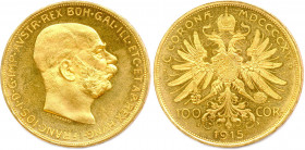 AUTRICHE - FRANÇOIS-JOSEPH 1848-1916
100 Corona or (tête nue) 1915 
REFRAPPE (33,93 g) 
 Fr 507
Très beau/Superbe.