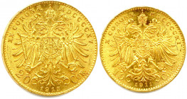 AUTRICHE - FRANÇOIS-JOSEPH 1848-1916
DEUX monnaies en or (10,20 g) : 
20 Corona 1915 et 10 Corona 1911 Vienne. 
 Fr 509 et 513
Très beaux.