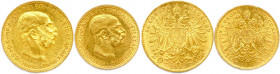 AUTRICHE - FRANÇOIS-JOSEPH 1848-1916
DEUX monnaies en or (10,18 g) : 
20 Corona 1915 et 10 Corona 1911.
 Fr 509 et 513 
Très beaux.