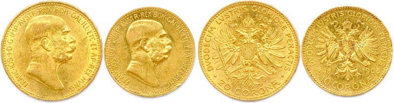 AUTRICHE - FRANÇOIS-JOSEPH 1848-1916
DEUX monnaies en or (10,17 g les 2) : 
20 C...