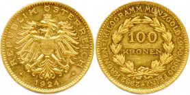 AUTRICHE République 21 octobre 1919 - 12 mars 1938
100 Kronen or 1924. (33,92 g) 
 Fr 518
Très beau.