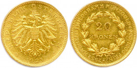 AUTRICHE République 1919-1938
20 Kronen or 1923. (6,78 g) 
 Fr 519
Rare. Superbe.