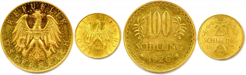 AUTRICHE République 1919-1938
DEUX monnaies en or 
(23,59 g et 5,93 g) : 
100 Sc...