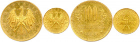 AUTRICHE République 1919-1938
DEUX monnaies en or (29,44 g) : 
100 Schilling 1929 et 25 Schilling 1926. 
 Fr 520 et 521
Très beaux.