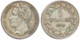 BELGIQUE - LÉOPOLD Ier 1831-1865
5 Francs argent (tête laurée) 1848 Bruxelles. 
(24,96 g)
 Dav 50
B.