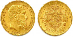 BELGIQUE - LÉOPOLD II Roi 
10 décembre 1865 - 17 décembre 1909
20 Francs or 1875. (6,48 g) 
Fr 412
Très beau.