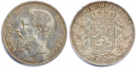 BELGIQUE - LÉOPOLD II 1865-1909
5 Francs argent 1867 Bruxelles. 
(25,00 g)
Dav 53
T.B.