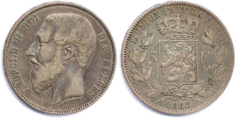 BELGIQUE - LÉOPOLD II 1865-1909
5 Francs argent 1868 Bruxelles. 
Grosse tête. Si...