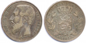 BELGIQUE - LÉOPOLD II 1865-1909
5 Francs argent 1868 Bruxelles. 
Grosse tête. Signature le long du cou.
(24,76 g) 
Dav 53
T.B.