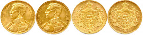 BELGIQUE - ALBERT Roi 
23 décembre 1909 - 17 février 1934
DEUX monnaies en or (12,93 g les 2) : 
20 Francs (légende française) 1914.
20 Francs (légend...